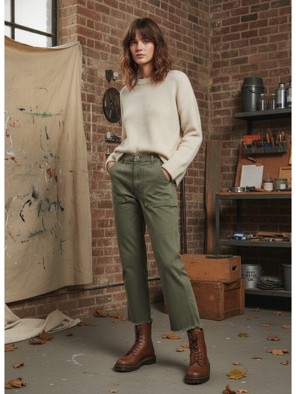 AMO Easy Army Trouser Olive Green Crop Utility Cargo Pants Raw Hem High Rise 30